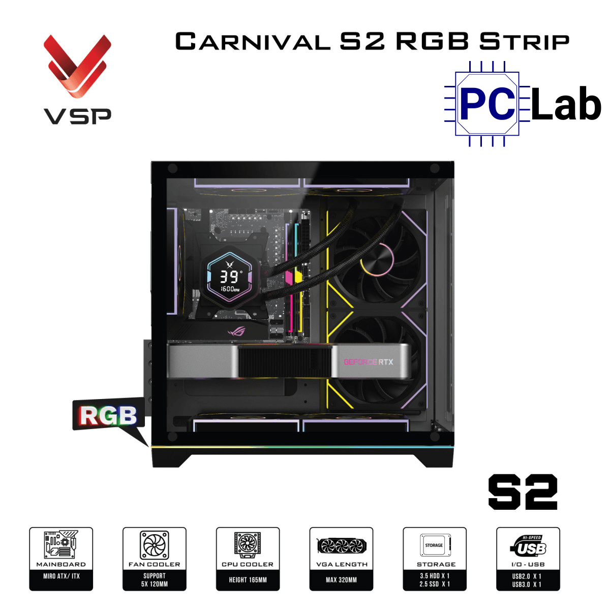 Vỏ case PC máy tính VSP Carnival S2 RGB Strip (M-ATX, Mid Tower, Trắng/Đen)