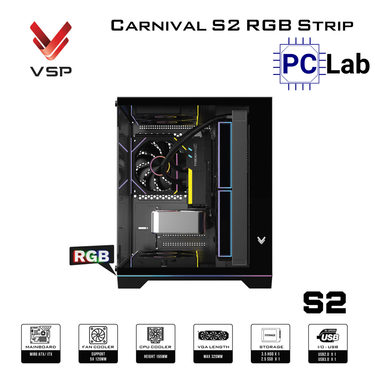 Vỏ case PC máy tính VSP Carnival S2 RGB Strip (M-ATX, Mid Tower, Trắng/Đen)