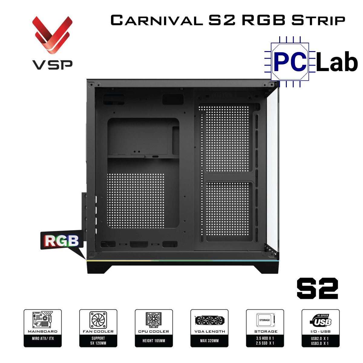 Vỏ case PC máy tính VSP Carnival S2 RGB Strip (M-ATX, Mid Tower, Trắng/Đen)