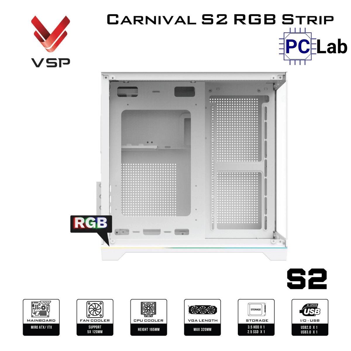 Vỏ case PC máy tính VSP Carnival S2 RGB Strip (M-ATX, Mid Tower, Trắng/Đen)