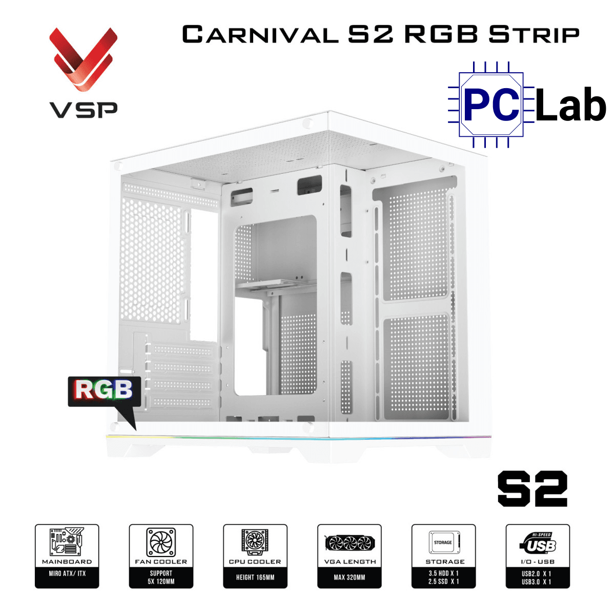 Vỏ case PC máy tính VSP Carnival S2 RGB Strip (M-ATX, Mid Tower, Trắng/Đen)