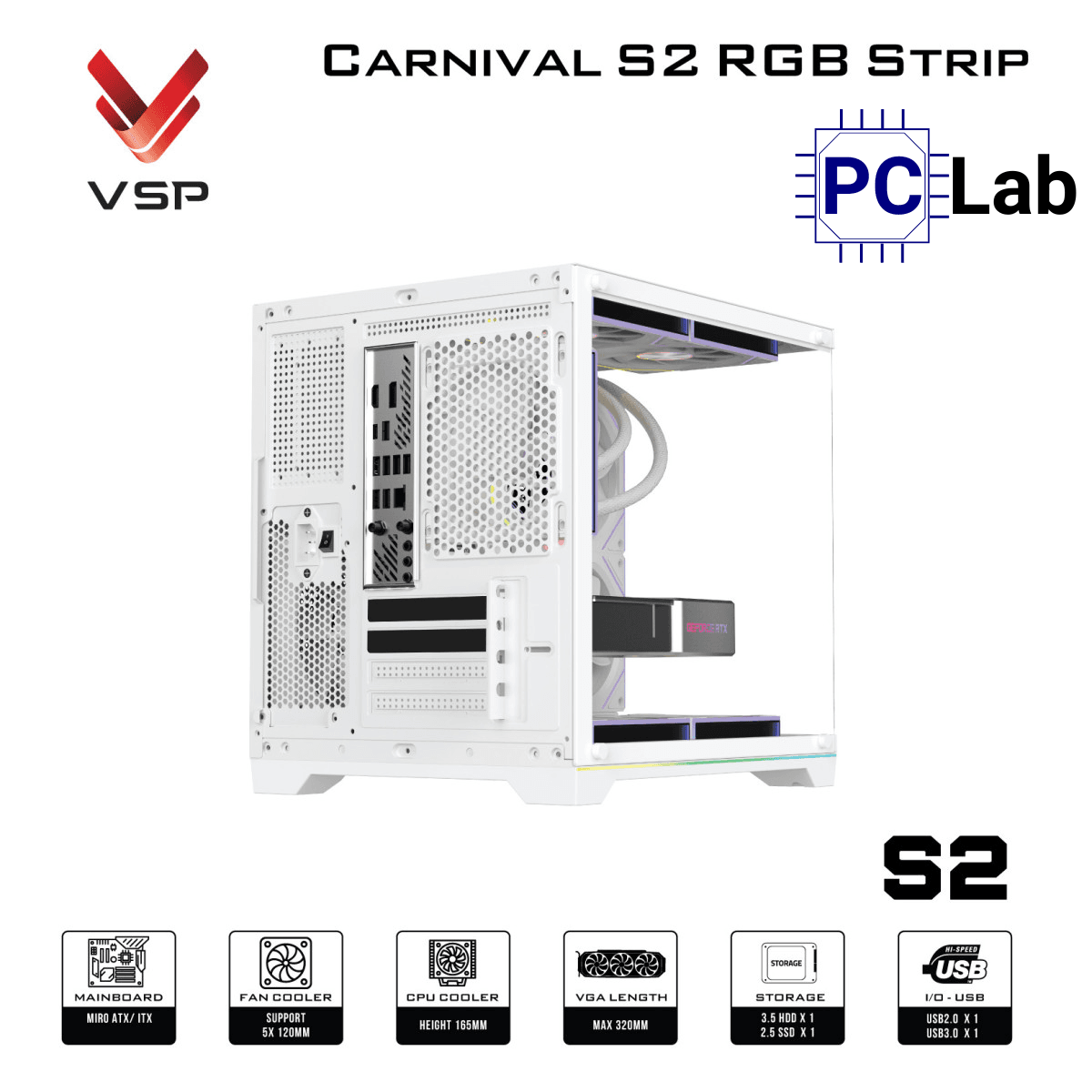 Vỏ case PC máy tính VSP Carnival S2 RGB Strip (M-ATX, Mid Tower, Trắng/Đen)