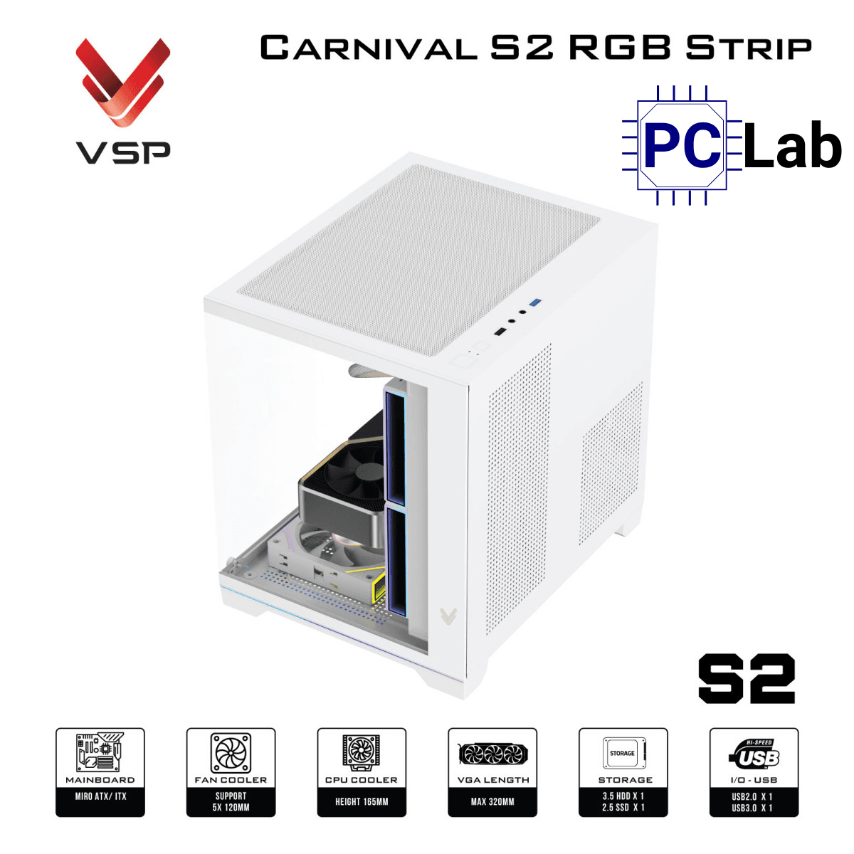 Vỏ case PC máy tính VSP Carnival S2 RGB Strip (M-ATX, Mid Tower, Trắng/Đen)