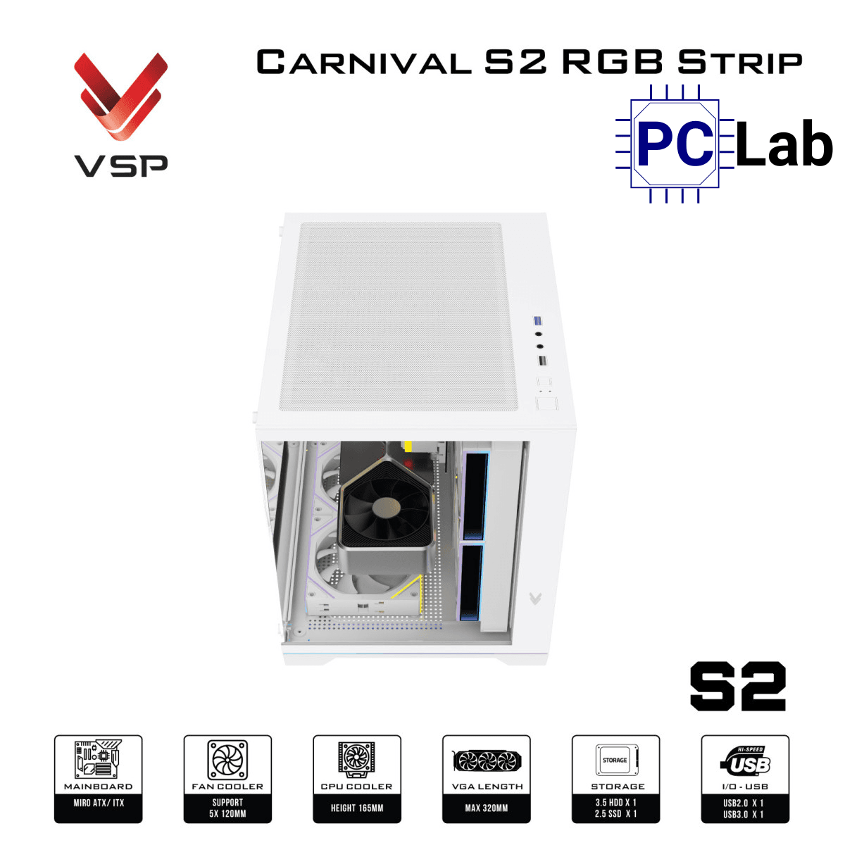 Vỏ case PC máy tính VSP Carnival S2 RGB Strip (M-ATX, Mid Tower, Trắng/Đen)