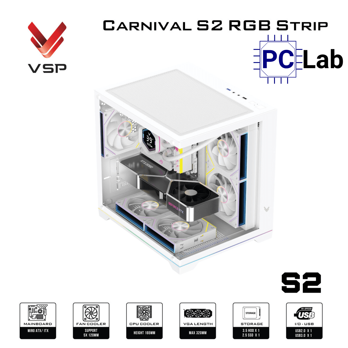 Vỏ case PC máy tính VSP Carnival S2 RGB Strip (M-ATX, Mid Tower, Trắng/Đen)