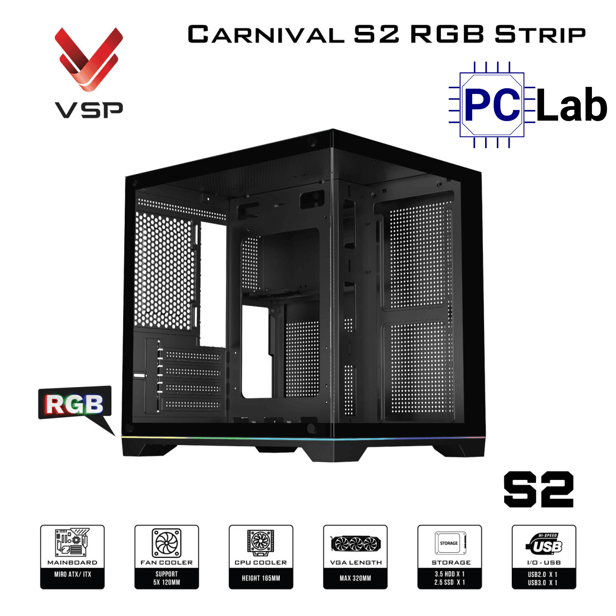 Vỏ case PC máy tính VSP Carnival S2 RGB Strip (M-ATX, Mid Tower, Trắng/Đen)