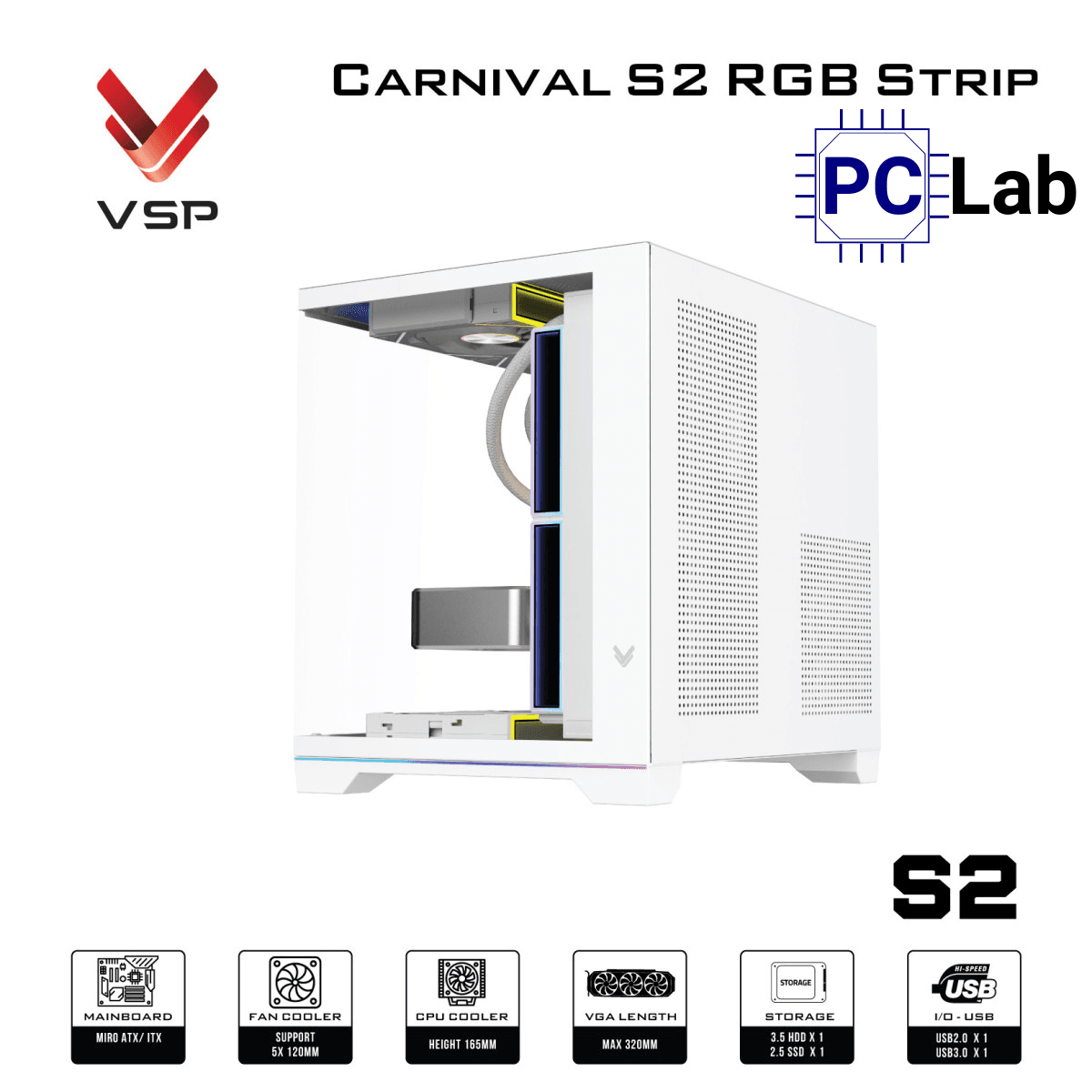 Vỏ case PC máy tính VSP Carnival S2 RGB Strip (M-ATX, Mid Tower, Trắng/Đen)