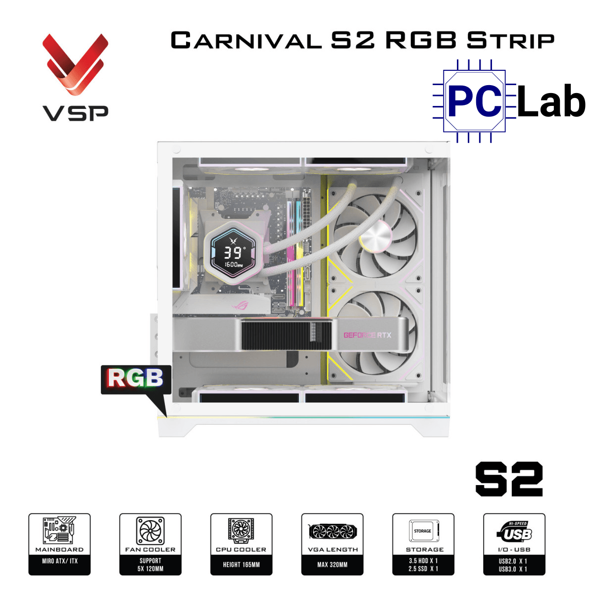 Vỏ case PC máy tính VSP Carnival S2 RGB Strip (M-ATX, Mid Tower, Trắng/Đen)