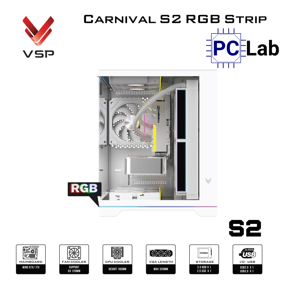 Vỏ case PC máy tính VSP Carnival S2 RGB Strip (M-ATX, Mid Tower, Trắng/Đen)