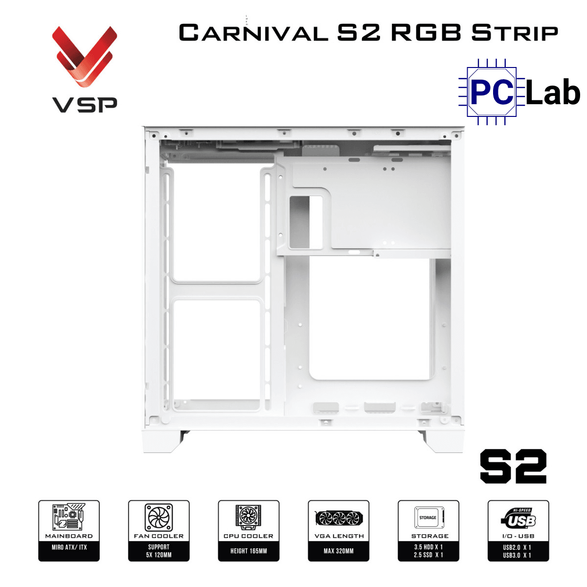 Vỏ case PC máy tính VSP Carnival S2 RGB Strip (M-ATX, Mid Tower, Trắng/Đen)