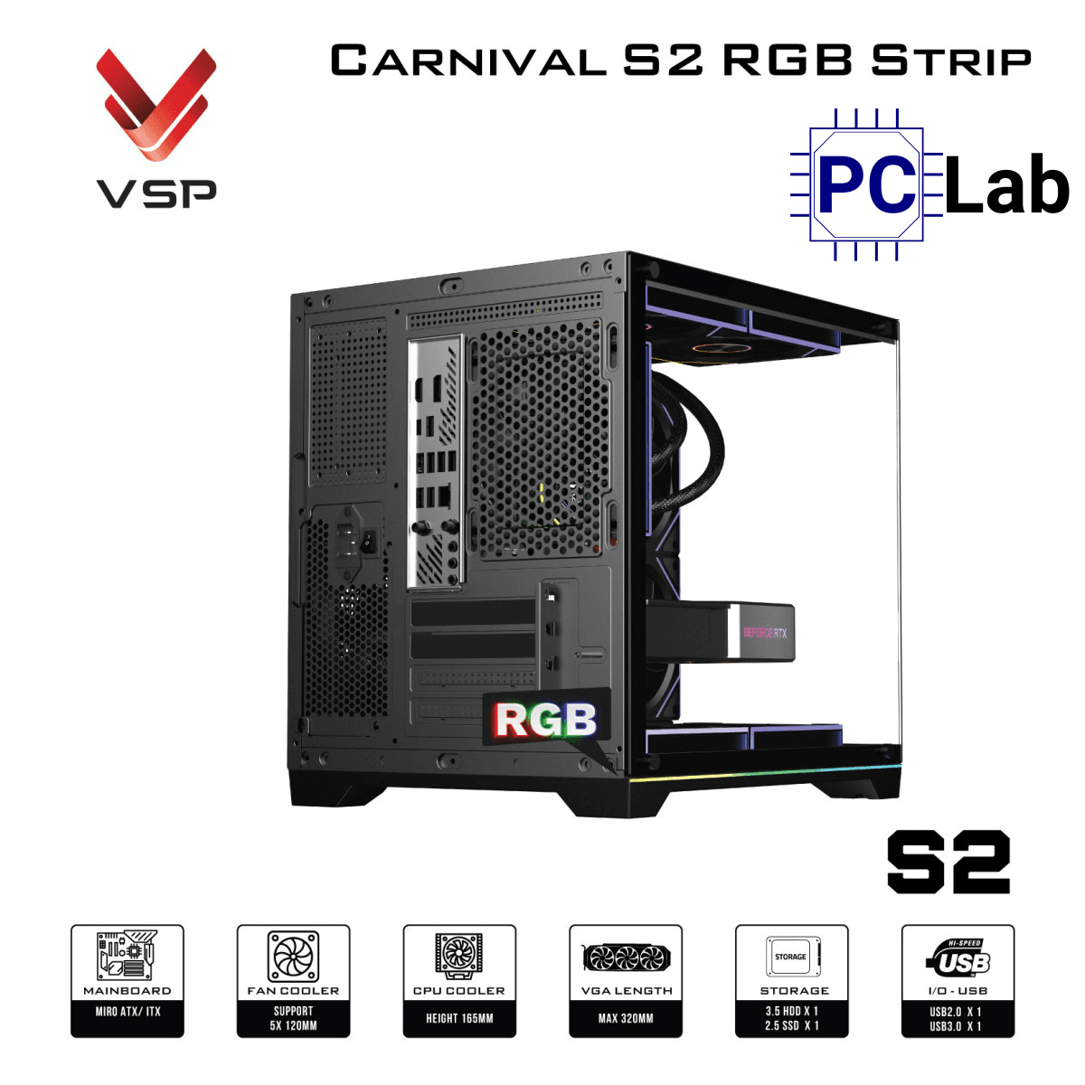 Vỏ case PC máy tính VSP Carnival S2 RGB Strip (M-ATX, Mid Tower, Trắng/Đen)