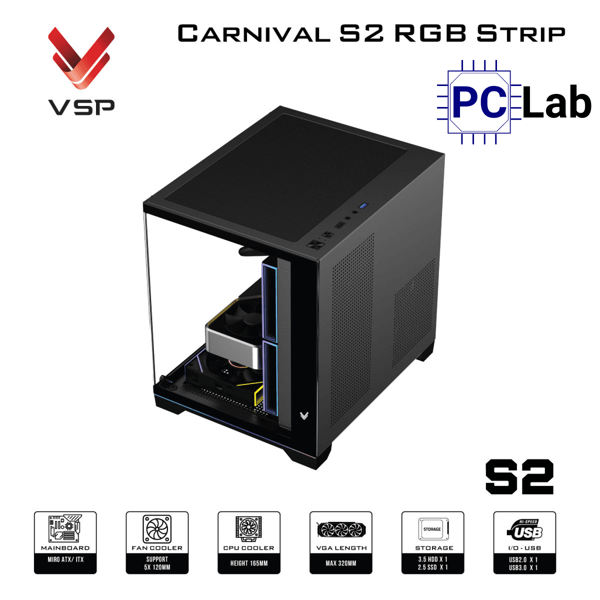 Vỏ case PC máy tính VSP Carnival S2 RGB Strip (M-ATX, Mid Tower, Trắng/Đen)