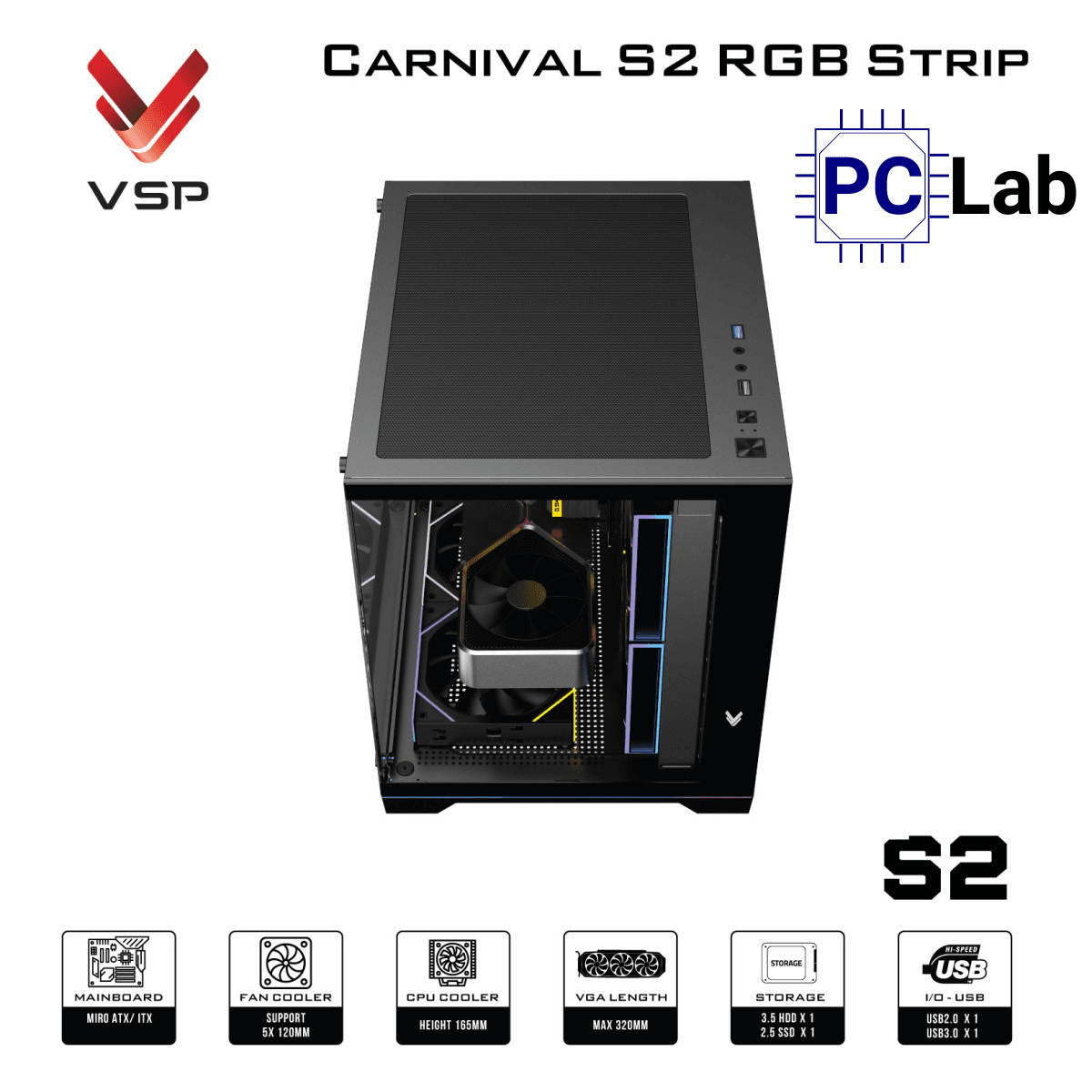 Vỏ case PC máy tính VSP Carnival S2 RGB Strip (M-ATX, Mid Tower, Trắng/Đen)