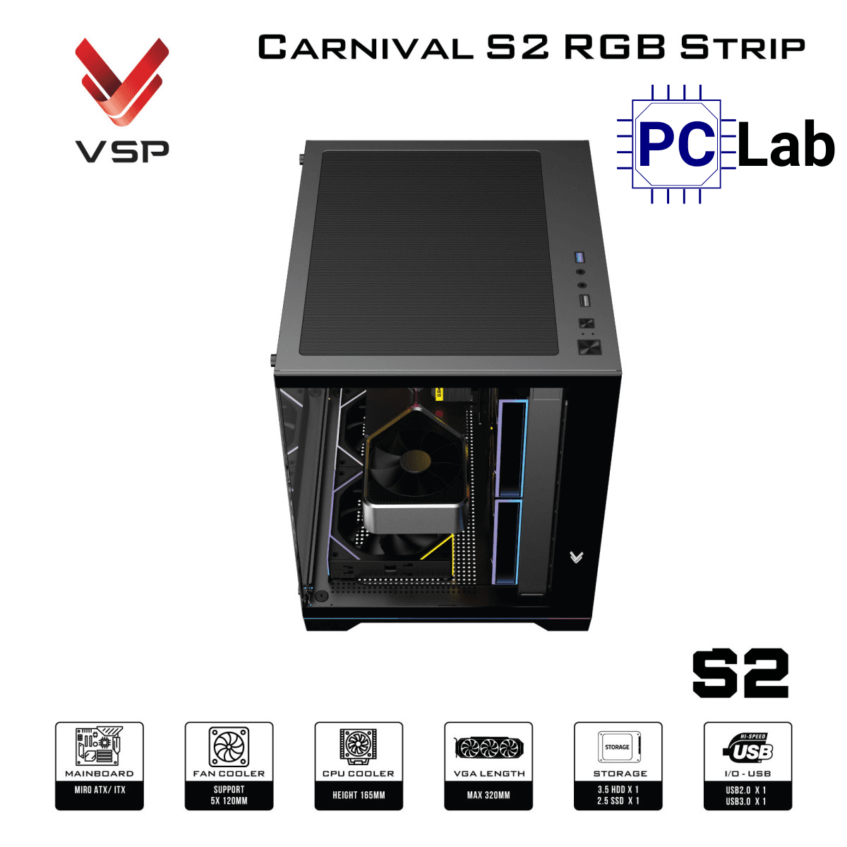 Vỏ case PC máy tính VSP Carnival S2 RGB Strip (M-ATX, Mid Tower, Trắng/Đen)