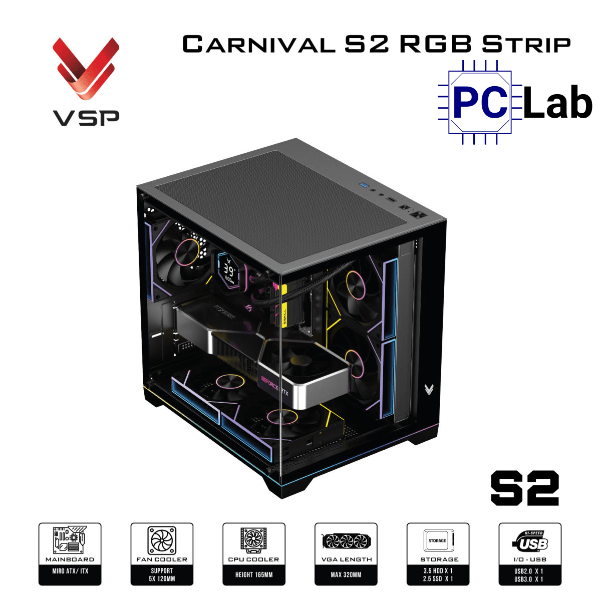 Vỏ case PC máy tính VSP Carnival S2 RGB Strip (M-ATX, Mid Tower, Trắng/Đen)