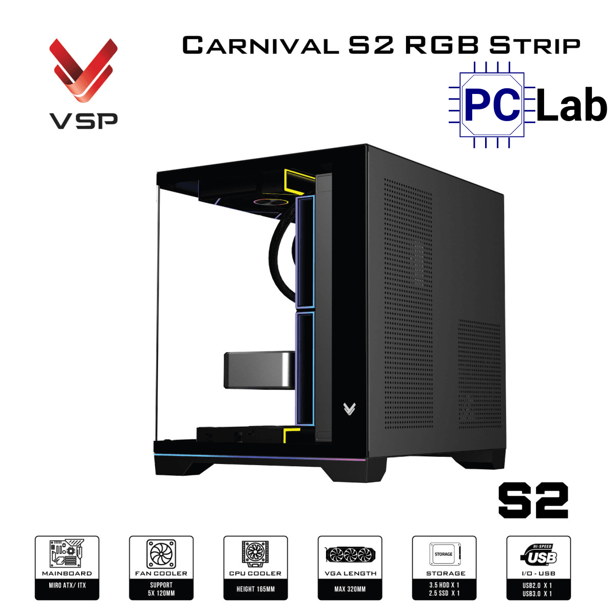 Vỏ case PC máy tính VSP Carnival S2 RGB Strip (M-ATX, Mid Tower, Trắng/Đen)