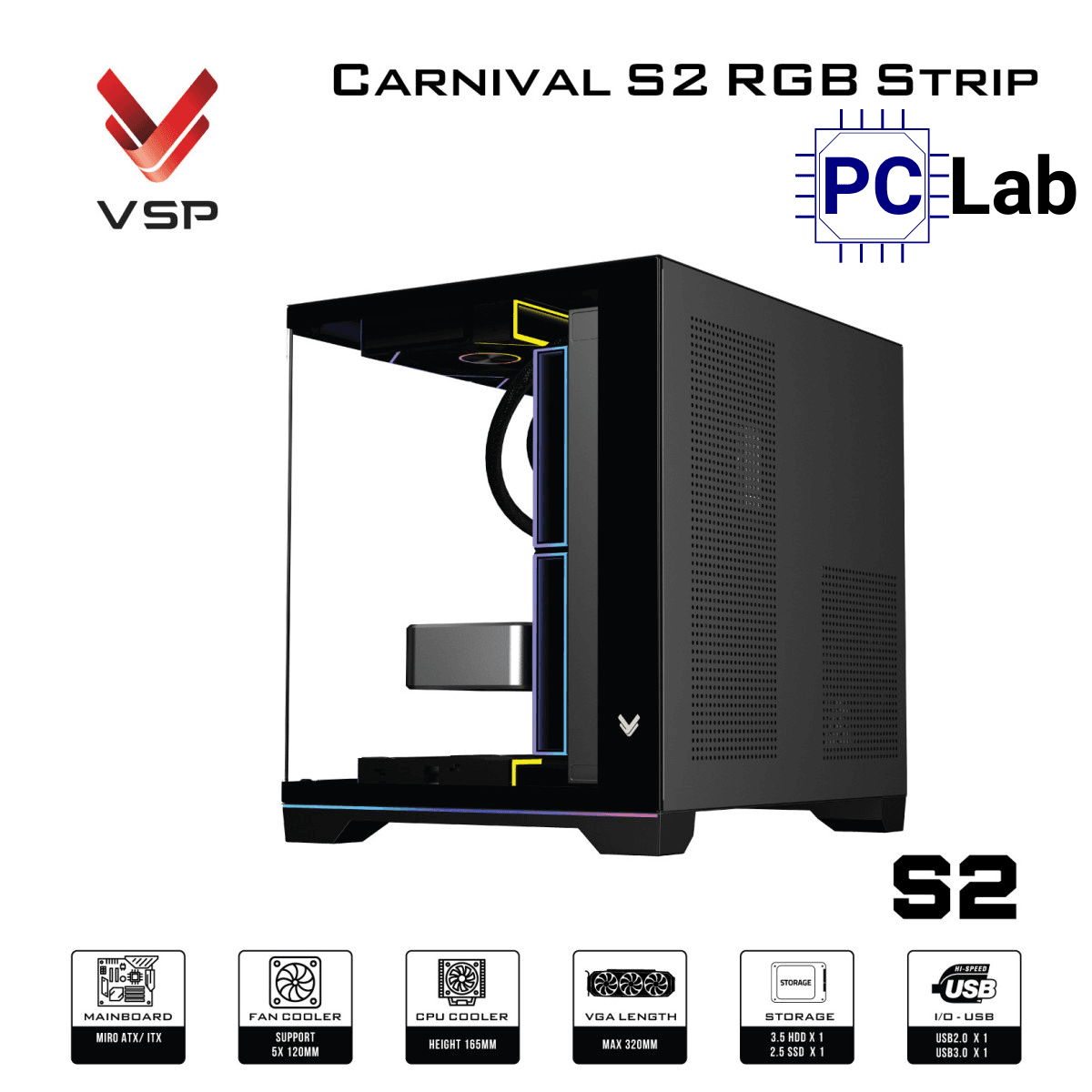 Vỏ case PC máy tính VSP Carnival S2 RGB Strip (M-ATX, Mid Tower, Trắng/Đen)