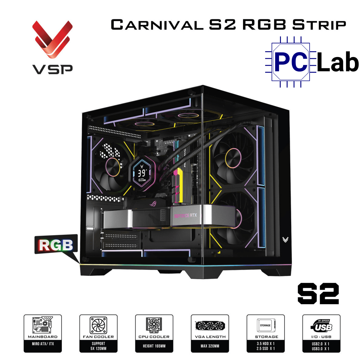 Vỏ case PC máy tính VSP Carnival S2 RGB Strip (M-ATX, Mid Tower, Trắng/Đen)