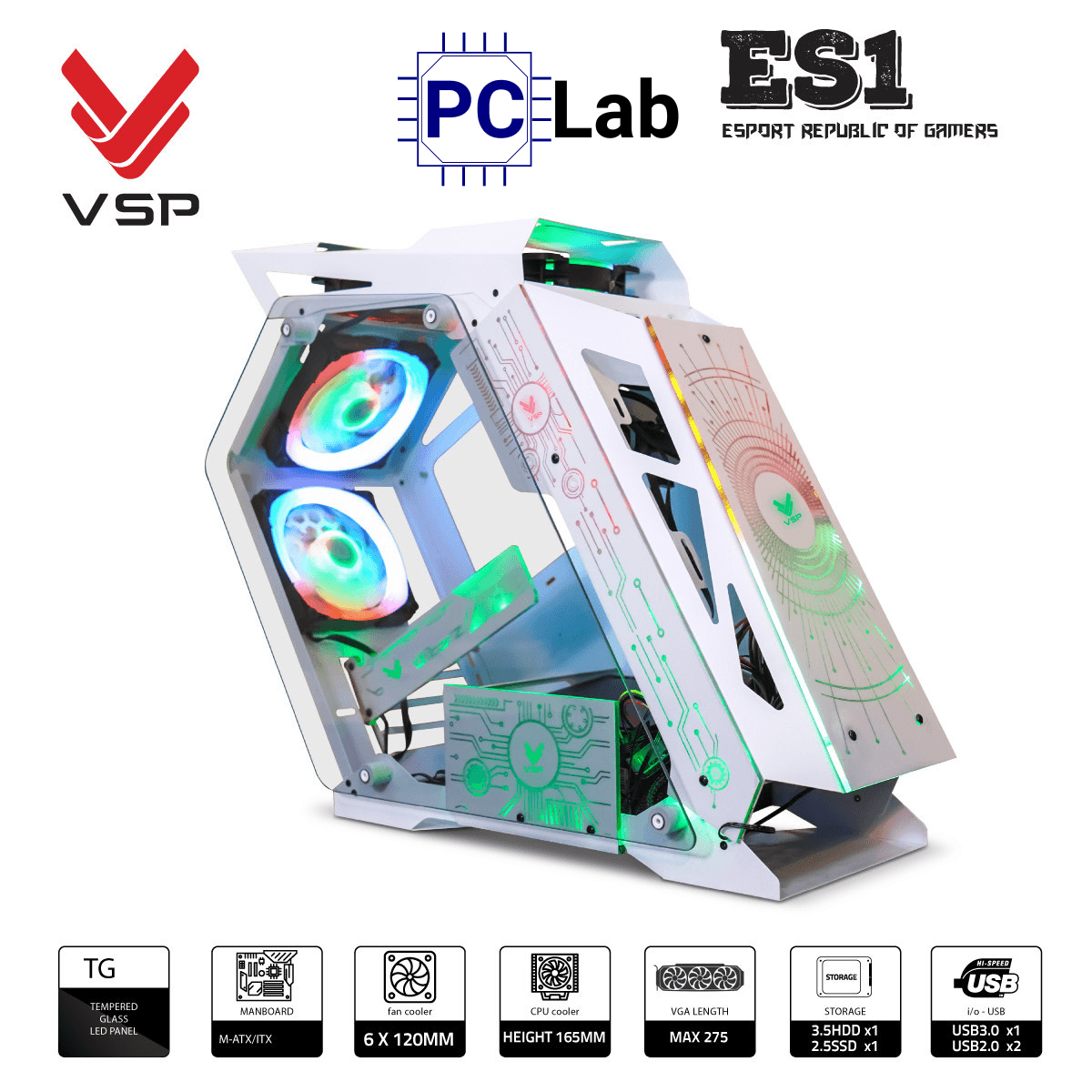 Vỏ case PC máy tính VSP ES1 (M-ATX, Mid Tower, Trắng/Đen/Hồng/Xanh)