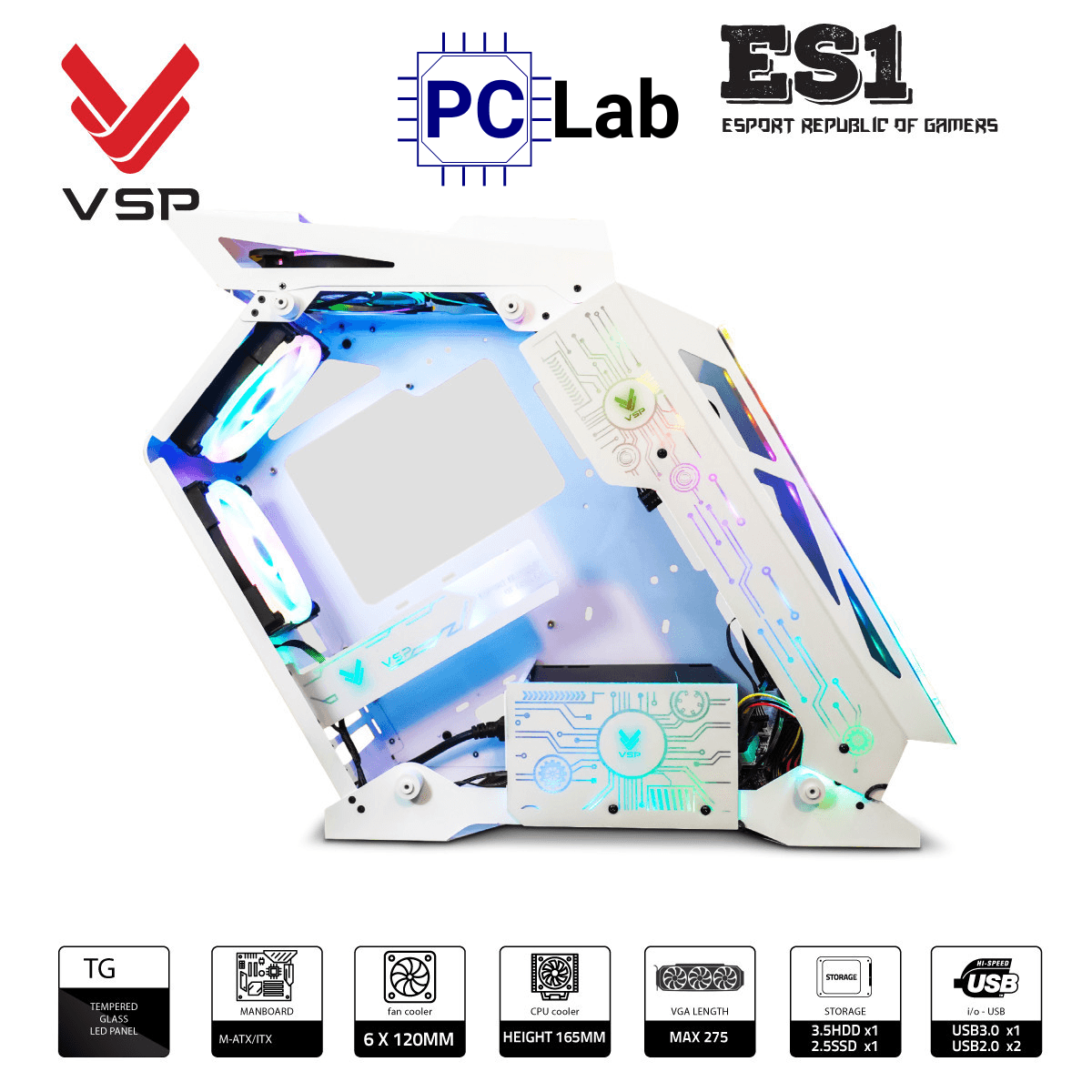 Vỏ case PC máy tính VSP ES1 (M-ATX, Mid Tower, Trắng/Đen/Hồng/Xanh)