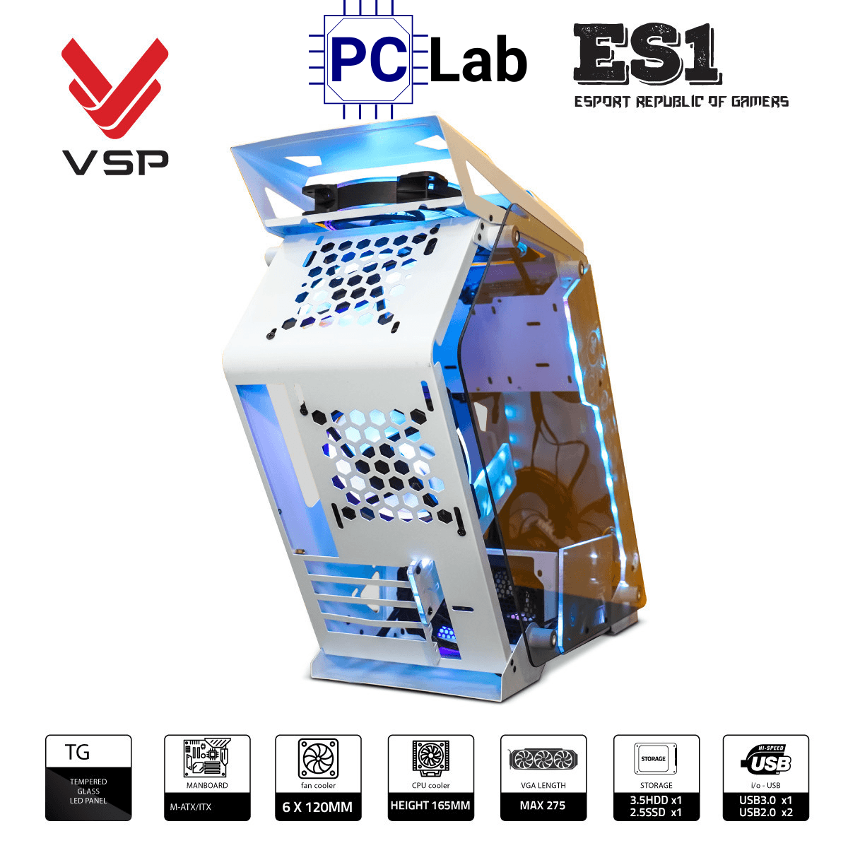 Vỏ case PC máy tính VSP ES1 (M-ATX, Mid Tower, Trắng/Đen/Hồng/Xanh)