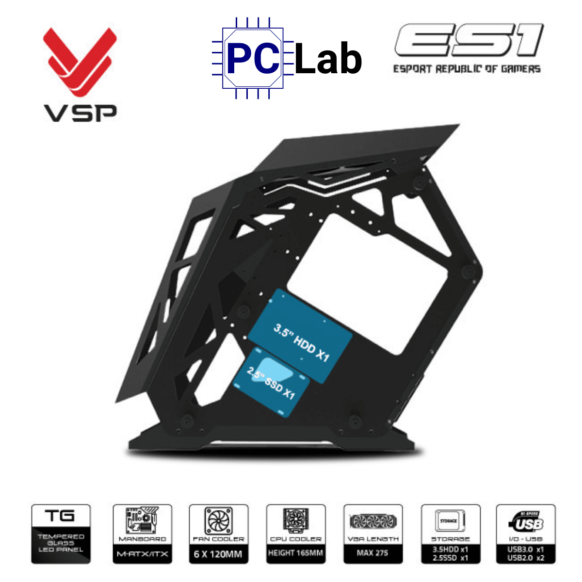 Vỏ case PC máy tính VSP ES1 (M-ATX, Mid Tower, Trắng/Đen/Hồng/Xanh)