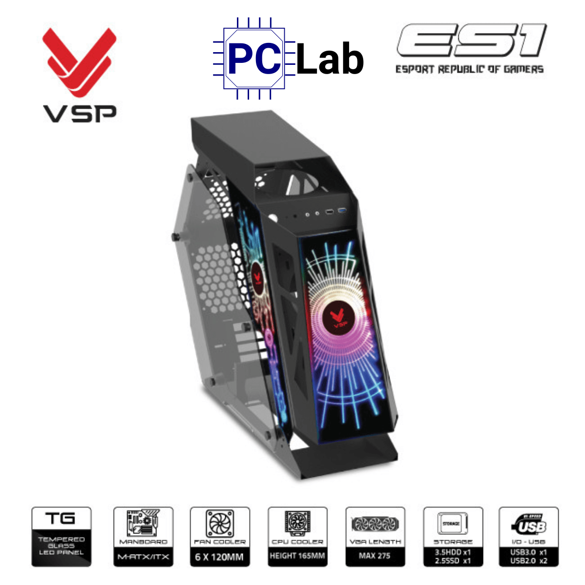Vỏ case PC máy tính VSP ES1 (M-ATX, Mid Tower, Trắng/Đen/Hồng/Xanh)