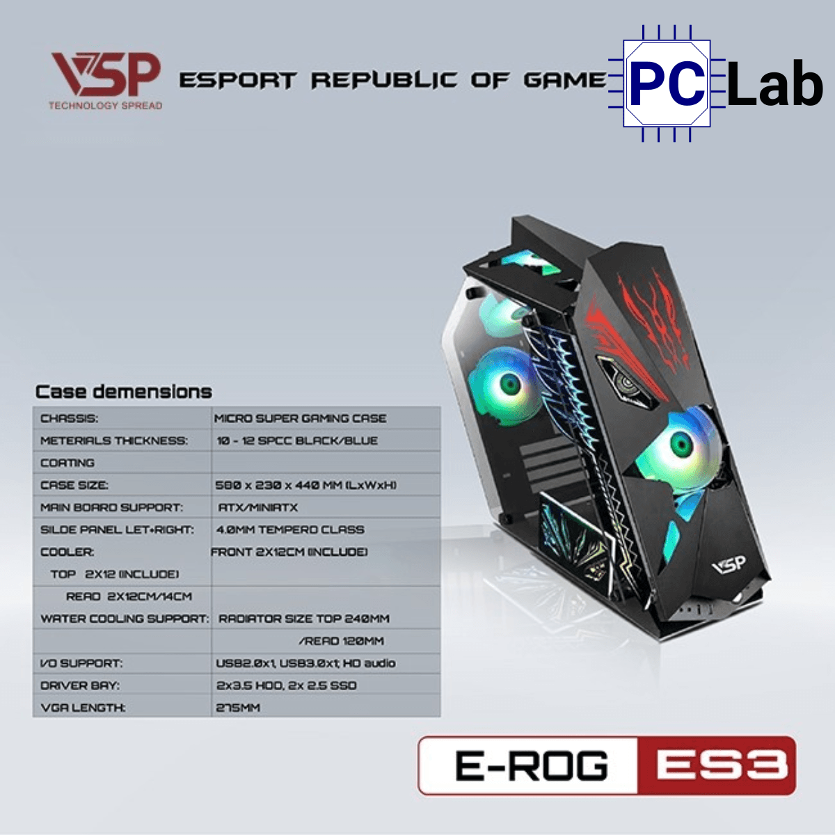 Vỏ case PC máy tính VSP ES3 (M-ATX, Mid Tower, Đen)