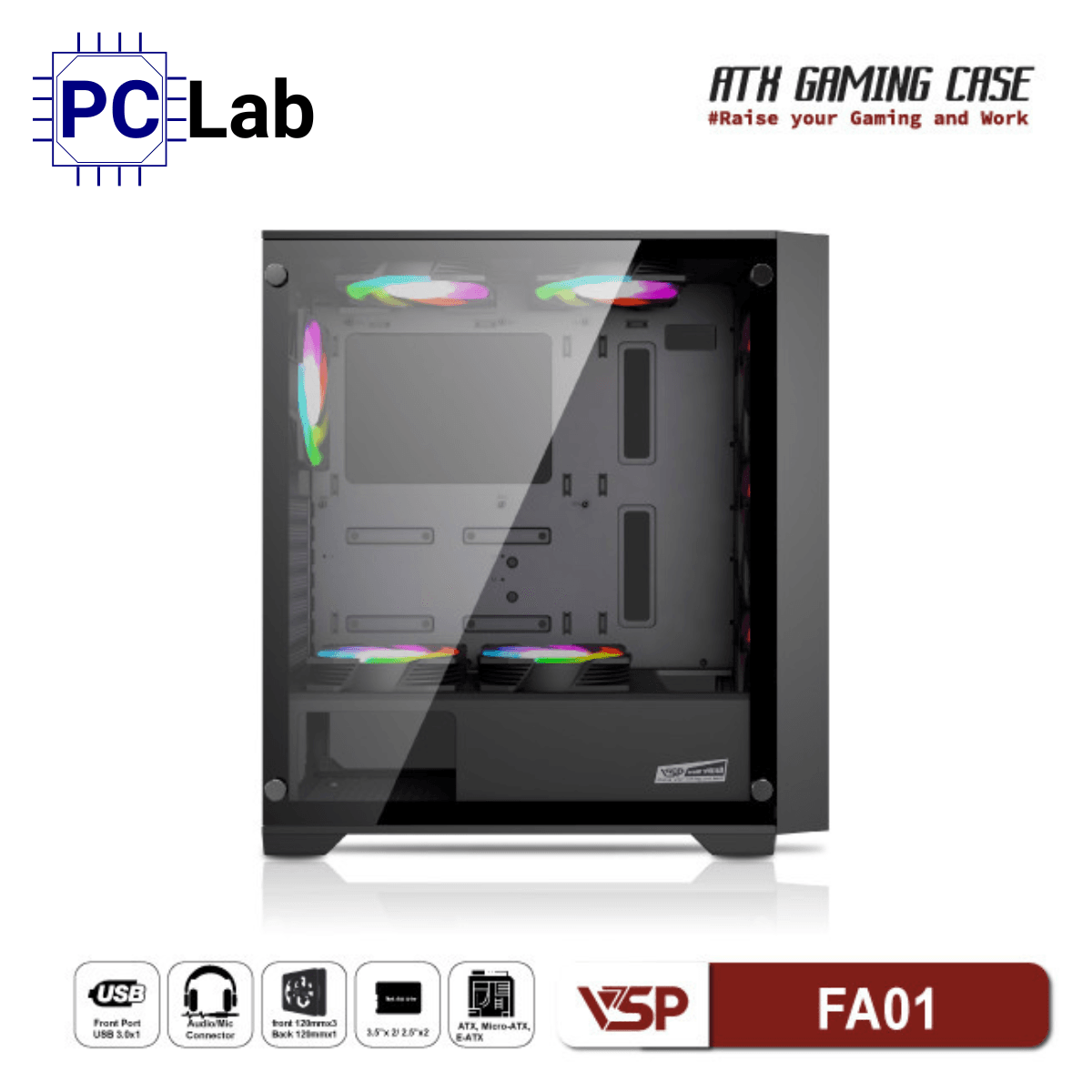 Vỏ case PC máy tính VSP FA01 (ATX, Mid Tower, Đen)