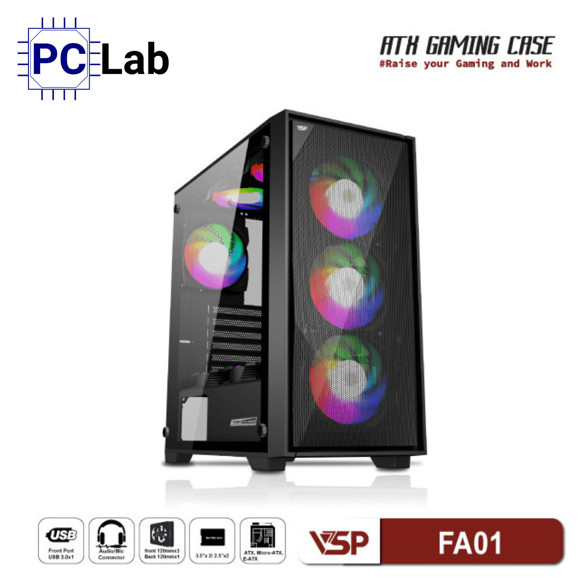 Vỏ case PC máy tính VSP FA01 (ATX, Mid Tower, Đen)
