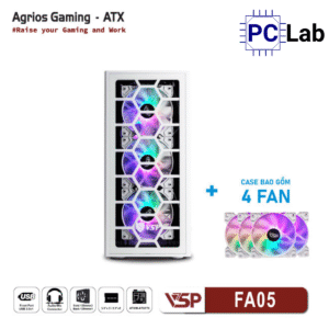 Vỏ case PC máy tính VSP FA05 (ATX, Mid Tower, Trắng/Đen, 4 Fan LED)