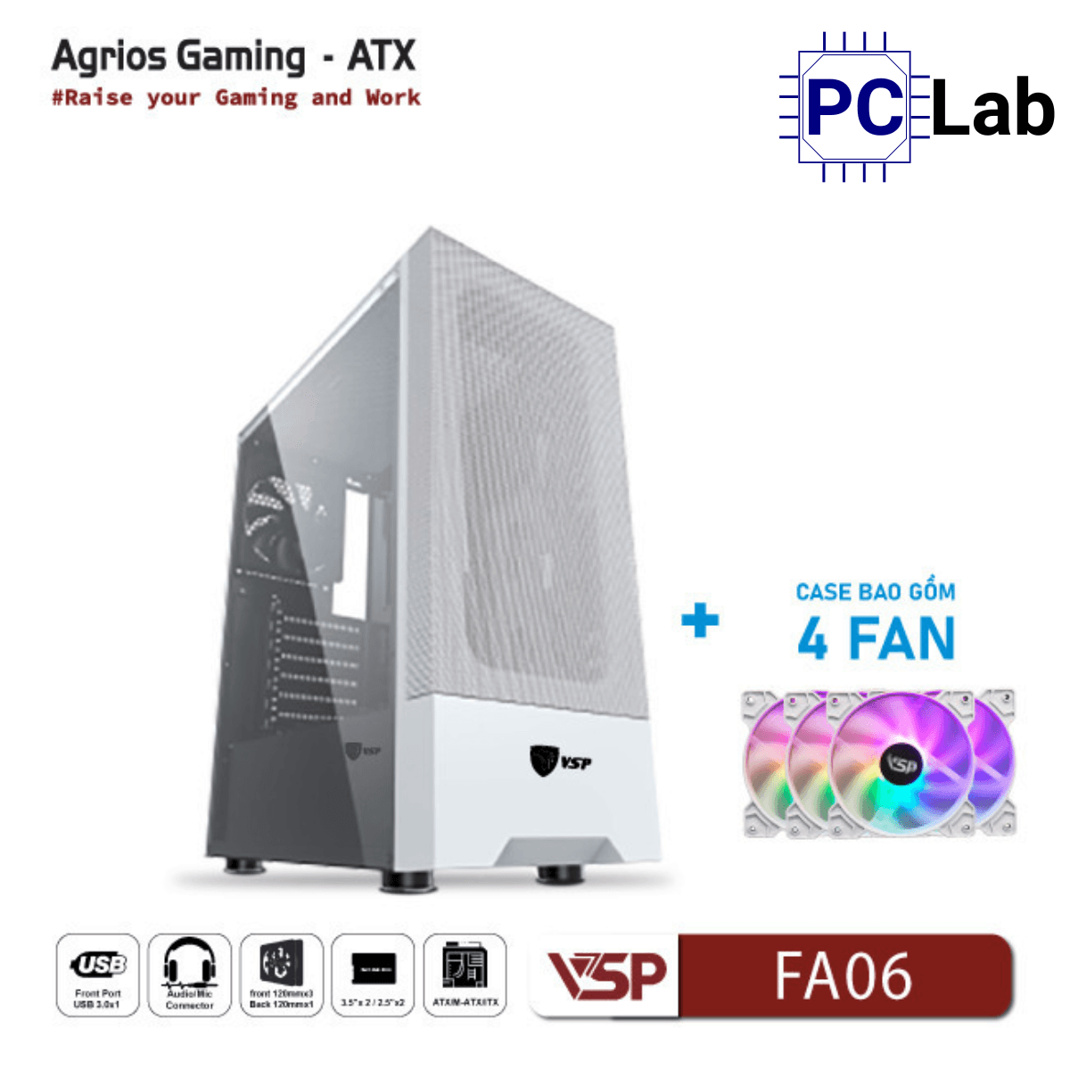 Vỏ case PC máy tính VSP FA06 (ATX, Mid Tower, Trắng/Đen, 4 Fan LED)
