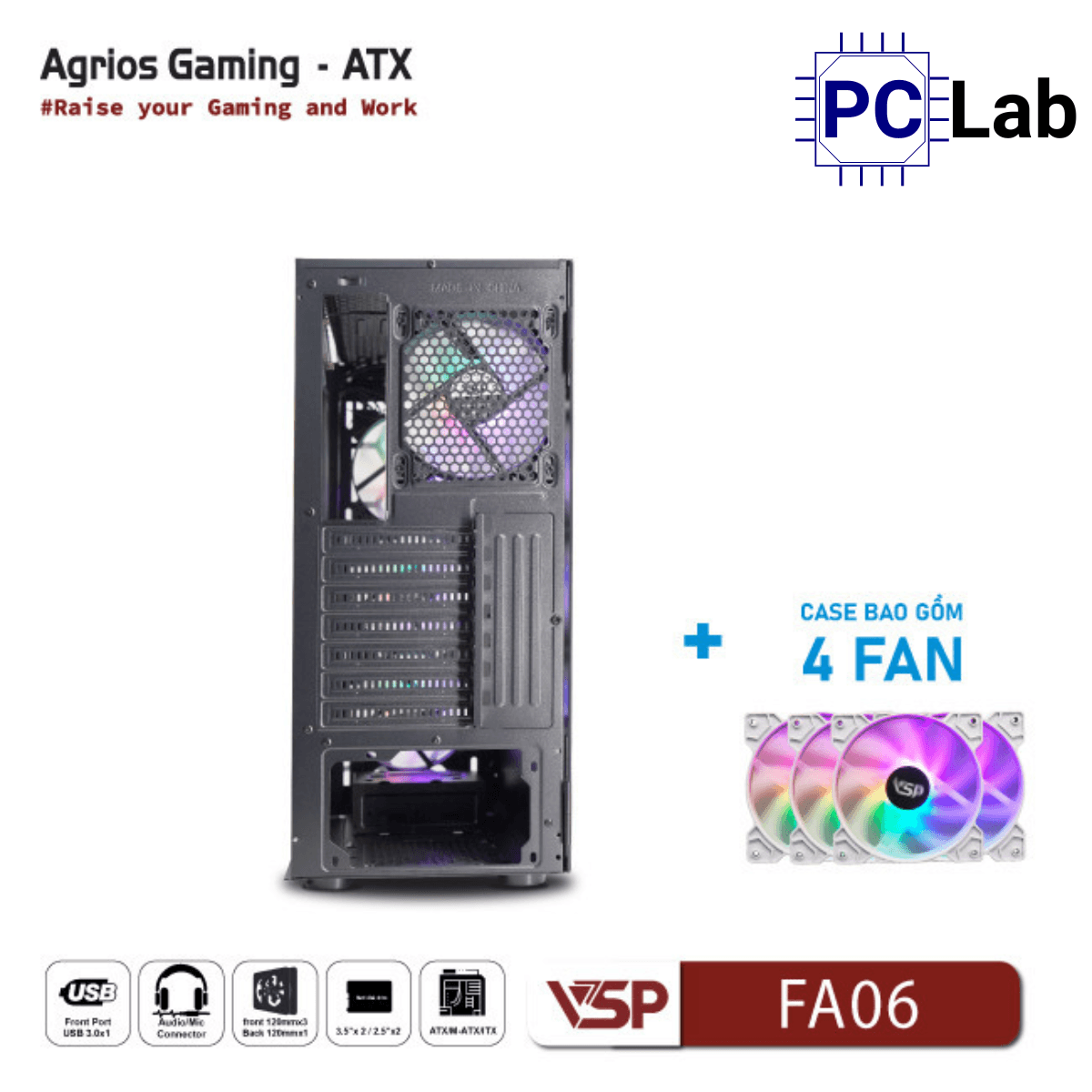 Vỏ case PC máy tính VSP FA06 (ATX, Mid Tower, Trắng/Đen, 4 Fan LED)