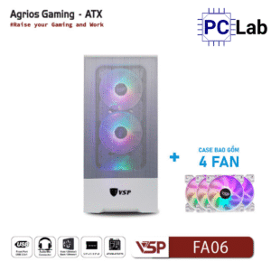 Vỏ case PC máy tính VSP FA06 (ATX, Mid Tower, Trắng/Đen, 4 Fan LED)