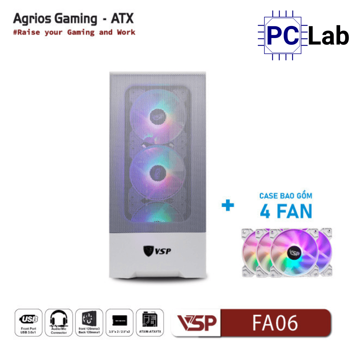 Vỏ case PC máy tính VSP FA06 (ATX, Mid Tower, Trắng/Đen, 4 Fan LED)