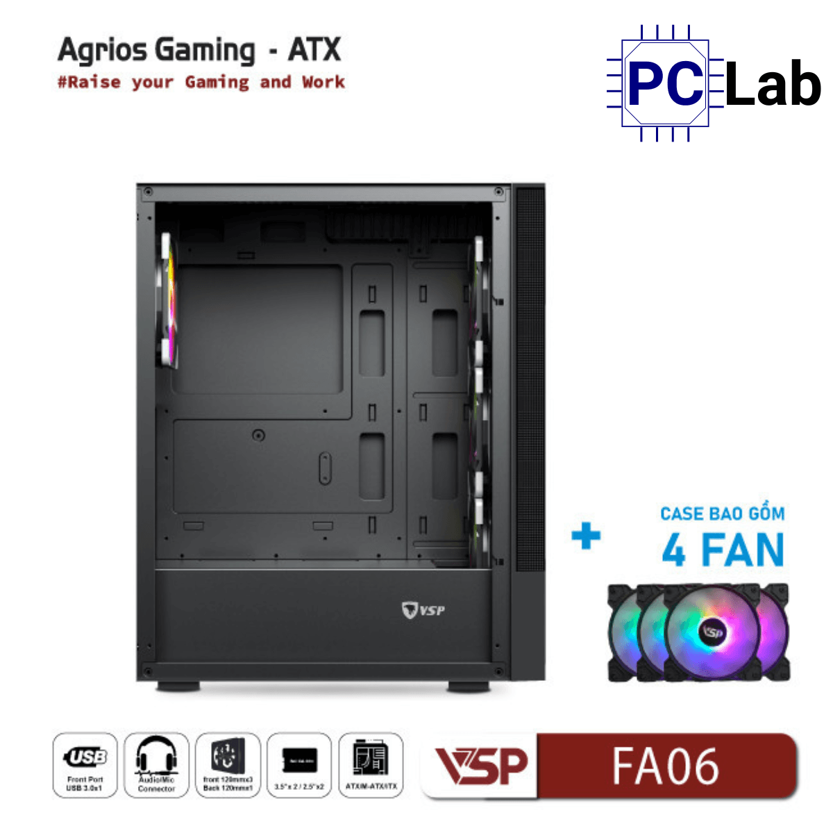 Vỏ case PC máy tính VSP FA06 (ATX, Mid Tower, Trắng/Đen, 4 Fan LED)