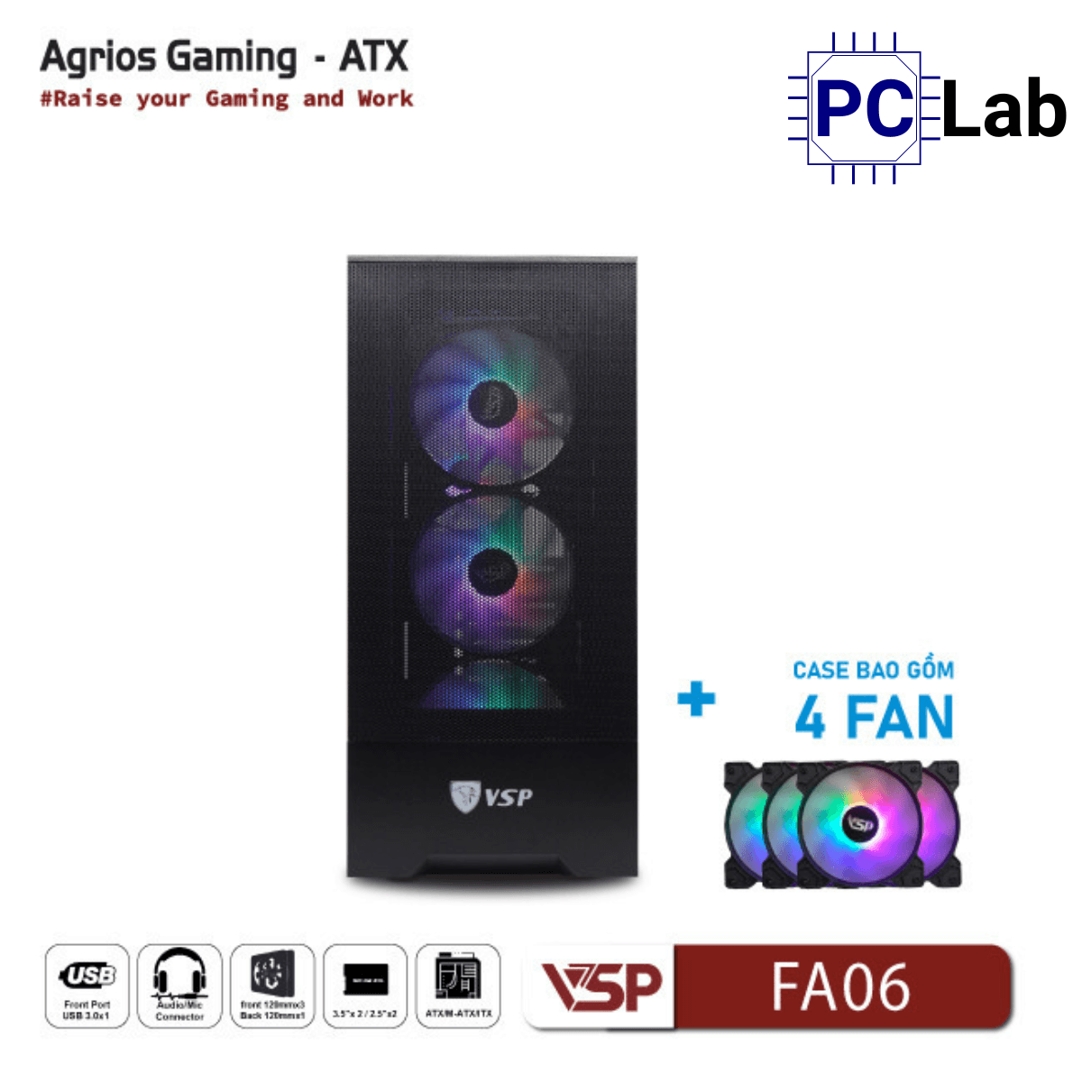 Vỏ case PC máy tính VSP FA06 (ATX, Mid Tower, Trắng/Đen, 4 Fan LED)