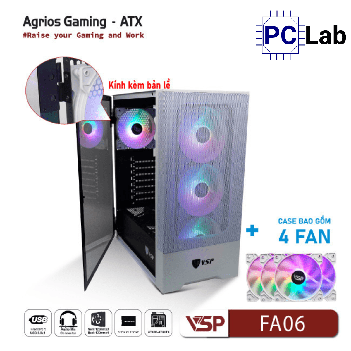 Vỏ case PC máy tính VSP FA06 (ATX, Mid Tower, Trắng/Đen, 4 Fan LED)
