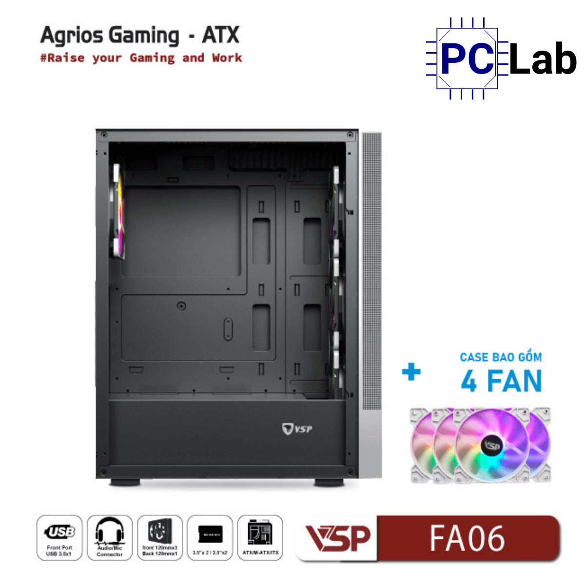 Vỏ case PC máy tính VSP FA06 (ATX, Mid Tower, Trắng/Đen, 4 Fan LED)