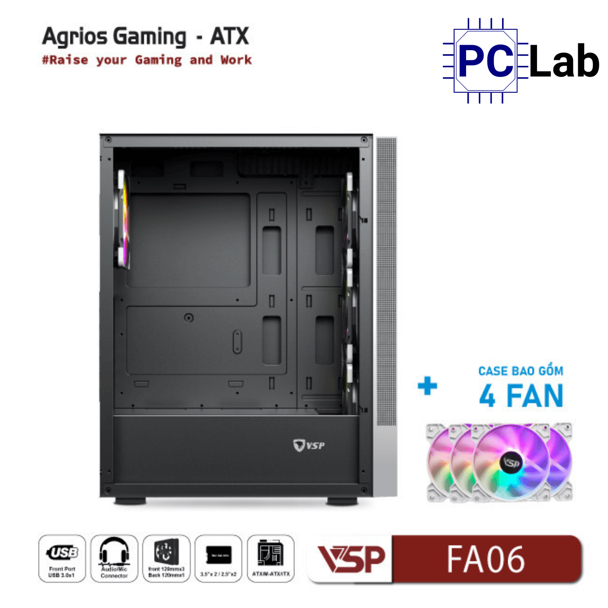 Vỏ case PC máy tính VSP FA06 (ATX, Mid Tower, Trắng/Đen, 4 Fan LED)