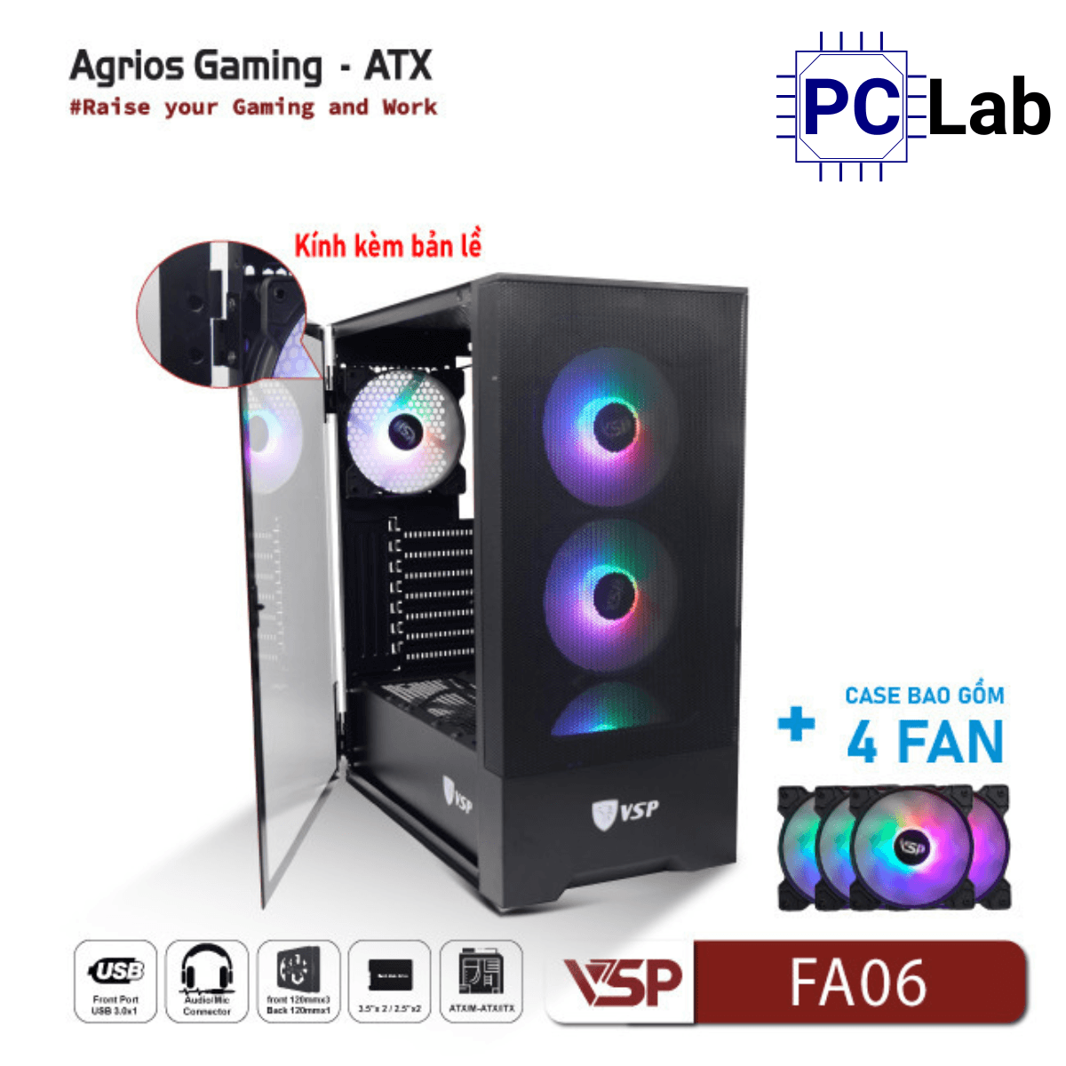 Vỏ case PC máy tính VSP FA06 (ATX, Mid Tower, Trắng/Đen, 4 Fan LED)