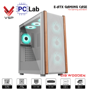 Vỏ case PC máy tính VSP Gaming C19 (E-ATX, Full Tower, Trắng/Gỗ)