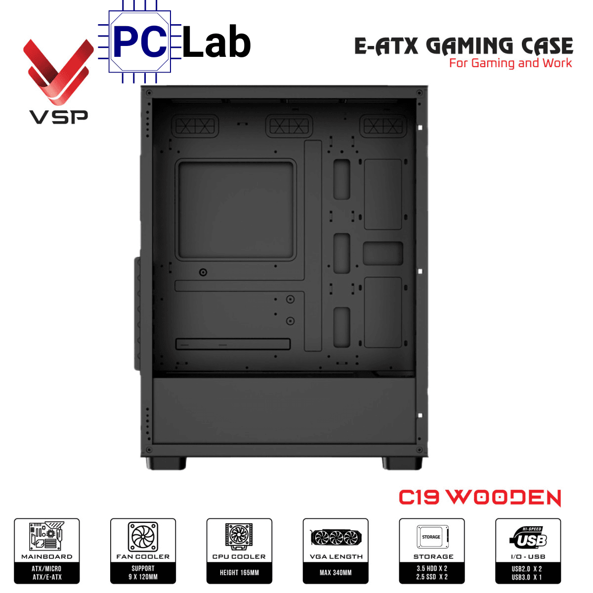 Vỏ case PC máy tính VSP Gaming C19 (E-ATX, Full Tower, Trắng/Gỗ)