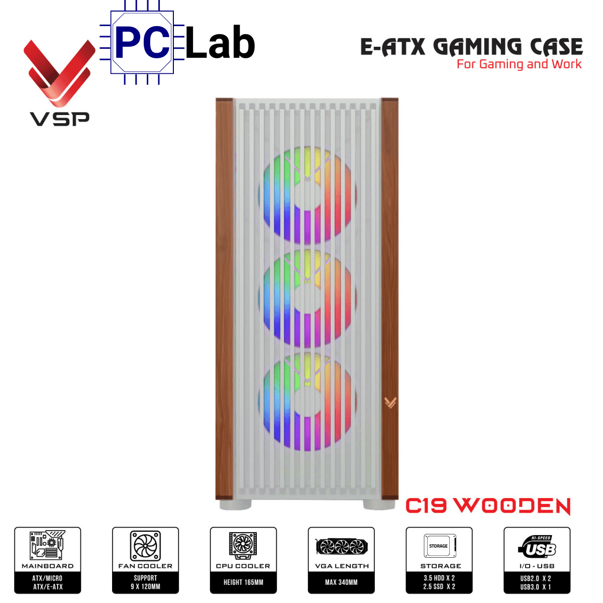 Vỏ case PC máy tính VSP Gaming C19 (E-ATX, Full Tower, Trắng/Gỗ)