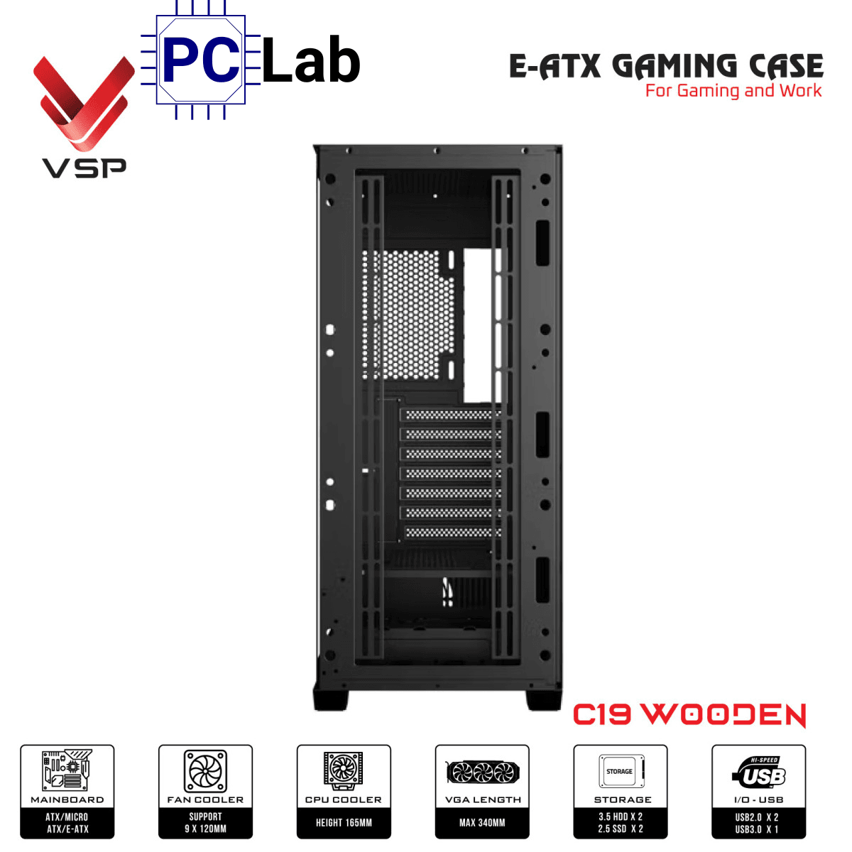 Vỏ case PC máy tính VSP Gaming C19 (E-ATX, Full Tower, Trắng/Gỗ)