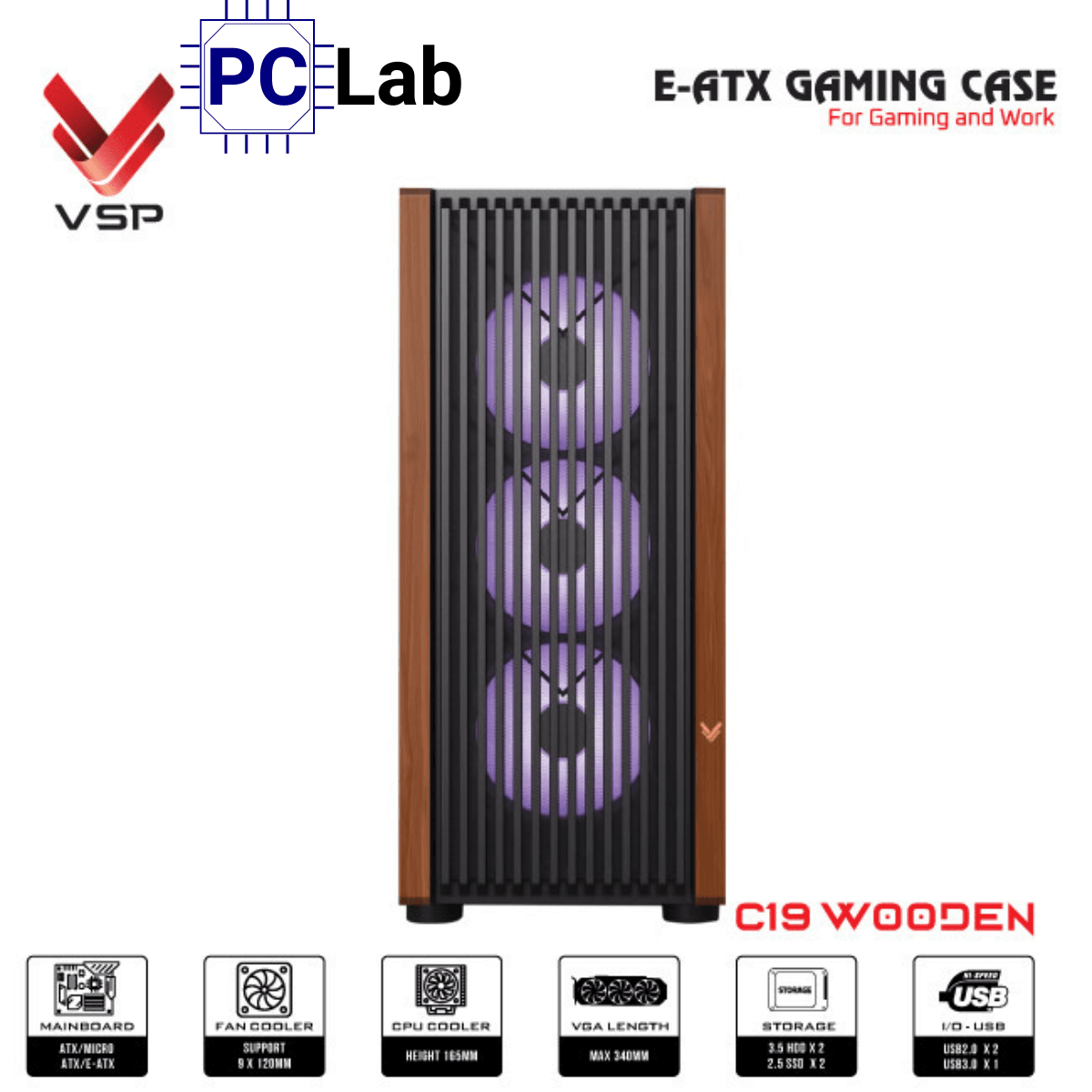 Vỏ case PC máy tính VSP Gaming C19 (E-ATX, Full Tower, Trắng/Gỗ)