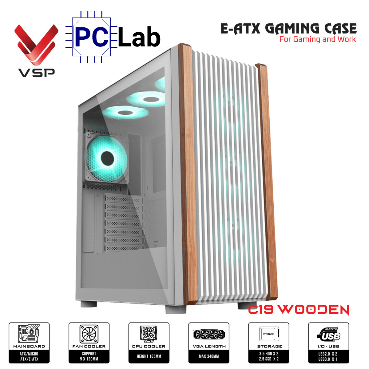 Vỏ case PC máy tính VSP Gaming C19 (E-ATX, Full Tower, Trắng/Gỗ)