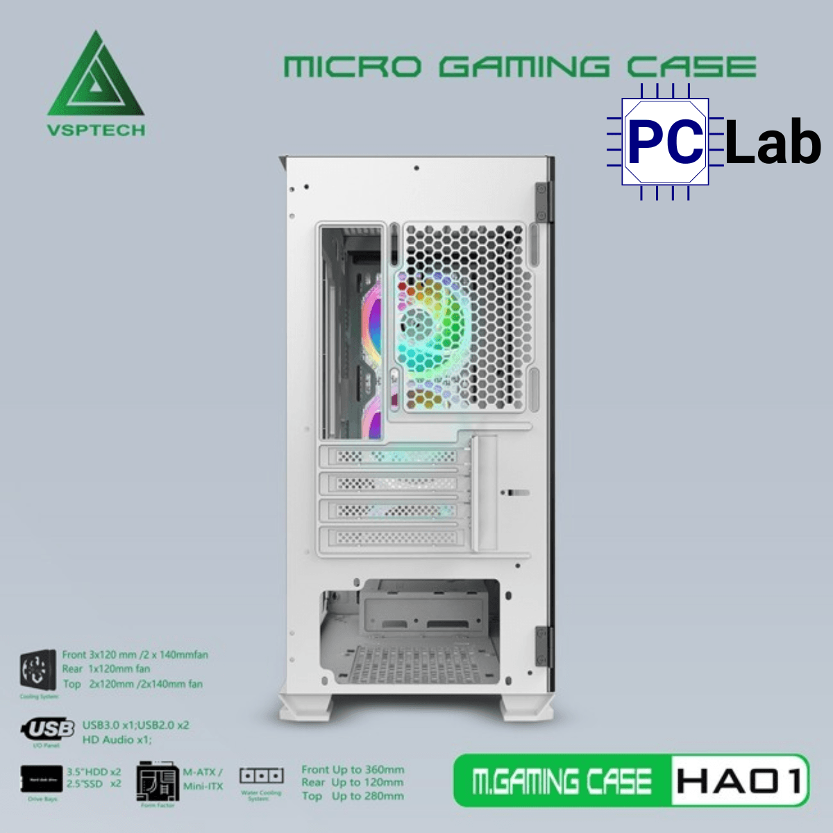 Vỏ case PC máy tính VSP HA01 (M-ATX, Mid Tower, Trắng/Đen/Hồng/Xanh)