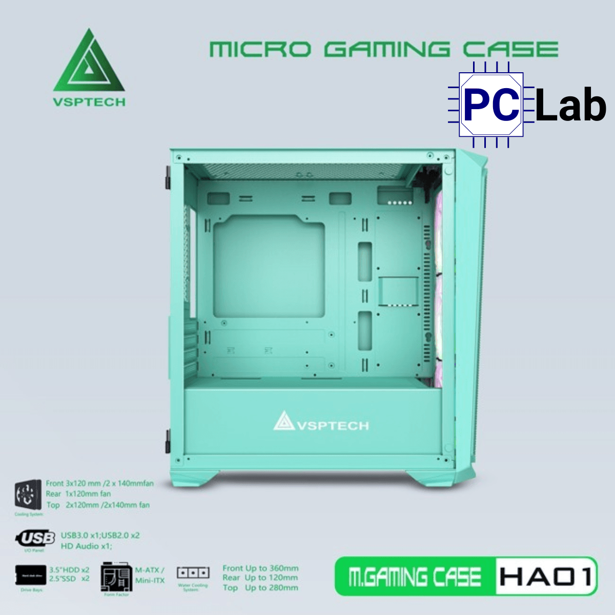 Vỏ case PC máy tính VSP HA01 (M-ATX, Mid Tower, Trắng/Đen/Hồng/Xanh)