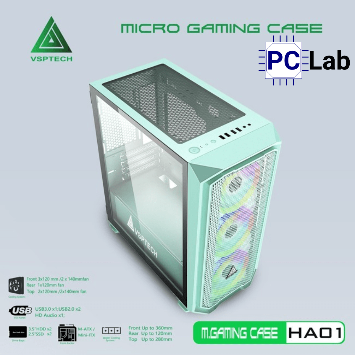 Vỏ case PC máy tính VSP HA01 (M-ATX, Mid Tower, Trắng/Đen/Hồng/Xanh)